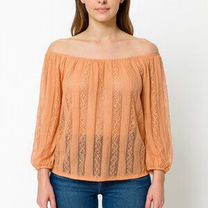 Poof! Coral Lace Long Sleeve Top | Size L | Semi-Sheer Boho Layering Piece